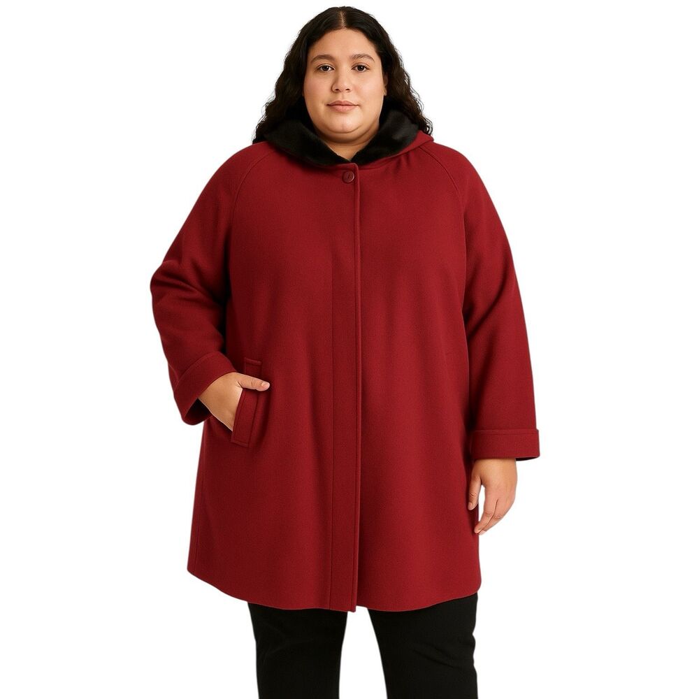 VTG CBO Plus Size 5X Wool Coat‎ Red Faux Fur Lined Hood Pockets Cuffed Sleeve E